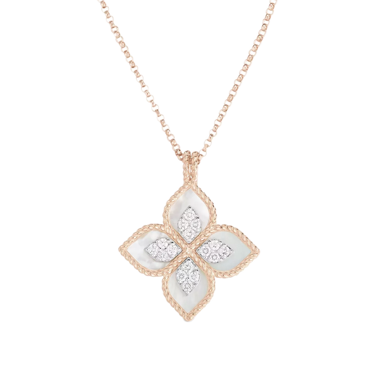 Boyunbağı Roberto Coin Princess Flower, çəhrayı qızıl, ağ qızıl, yaqut, brilyant — ADV888CL183702RW