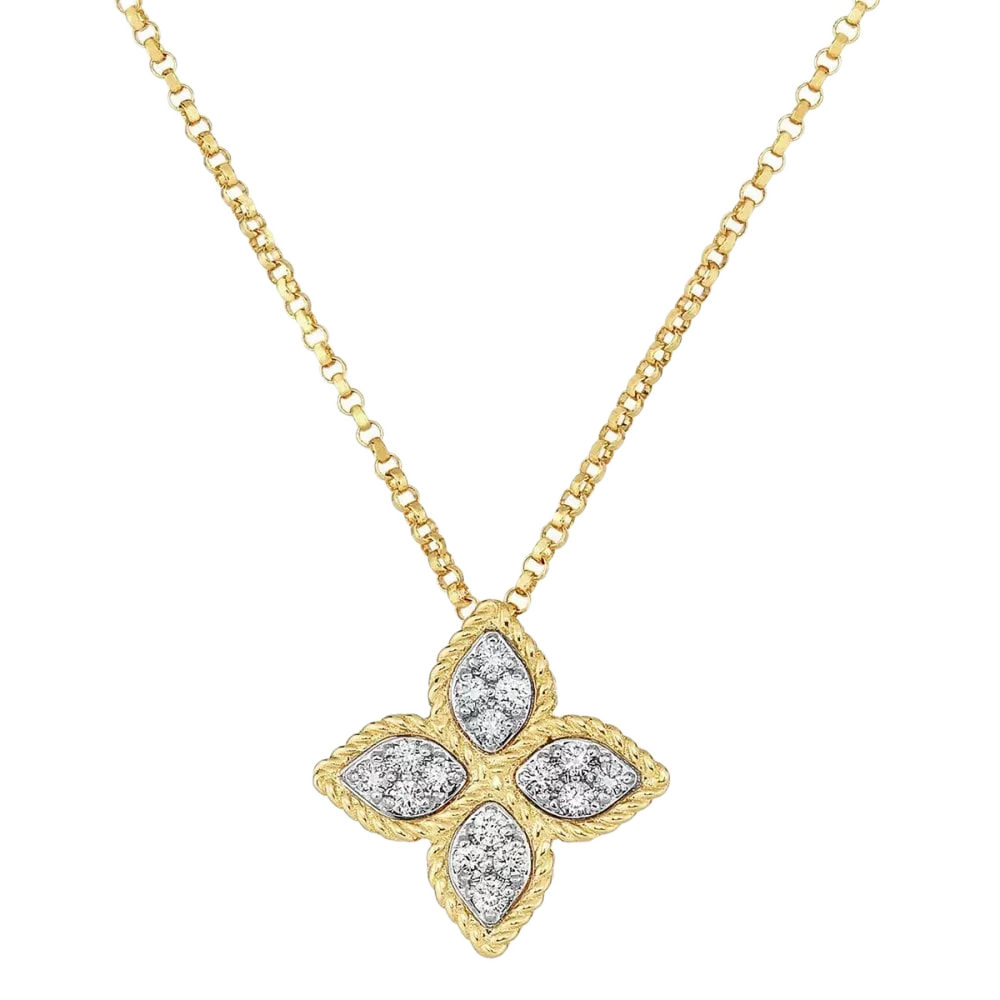 Boyunbağı Roberto Coin Princess Flower, ağ qızıl, sarı qızıl, yaqut, brilyant — ADR777CL0680YW