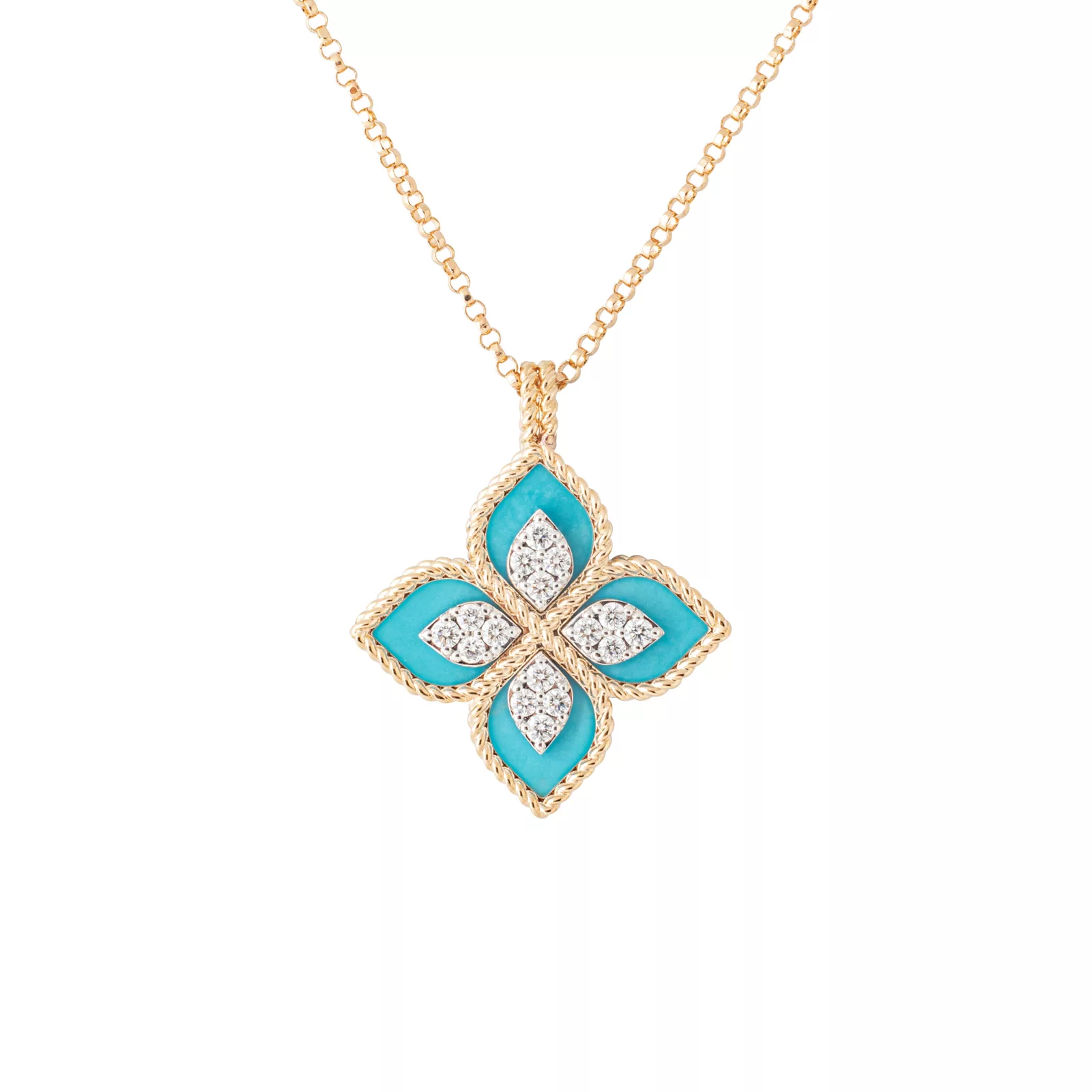 Boyunbağı Roberto Coin Princess Flower, çəhrayı qızıl, ağ qızıl, yaqut, brilyant — ADV888CL183703RW