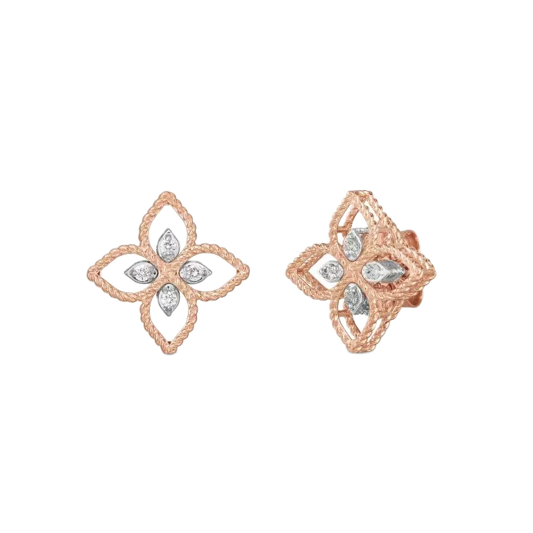 Sırğalar Roberto Coin Princess Flower, çəhrayı qızıl, ağ qızıl, yaqut, brilyant (8; 0.10) — ADR777EA2666RW