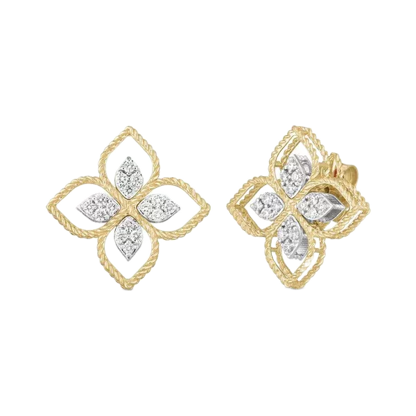 Sırğalar Roberto Coin Princess Flower, ağ qızıl, sarı qızıl, brilyant — ADR777EA2665YW